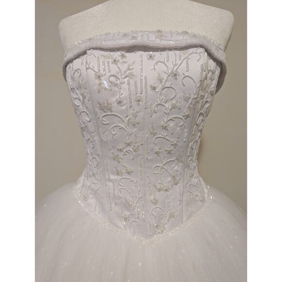 Strapless Corset Floral Beaded Basque Waist Debutant Ball Gown Wedding Dress Sz8 - Picture 10 of 15